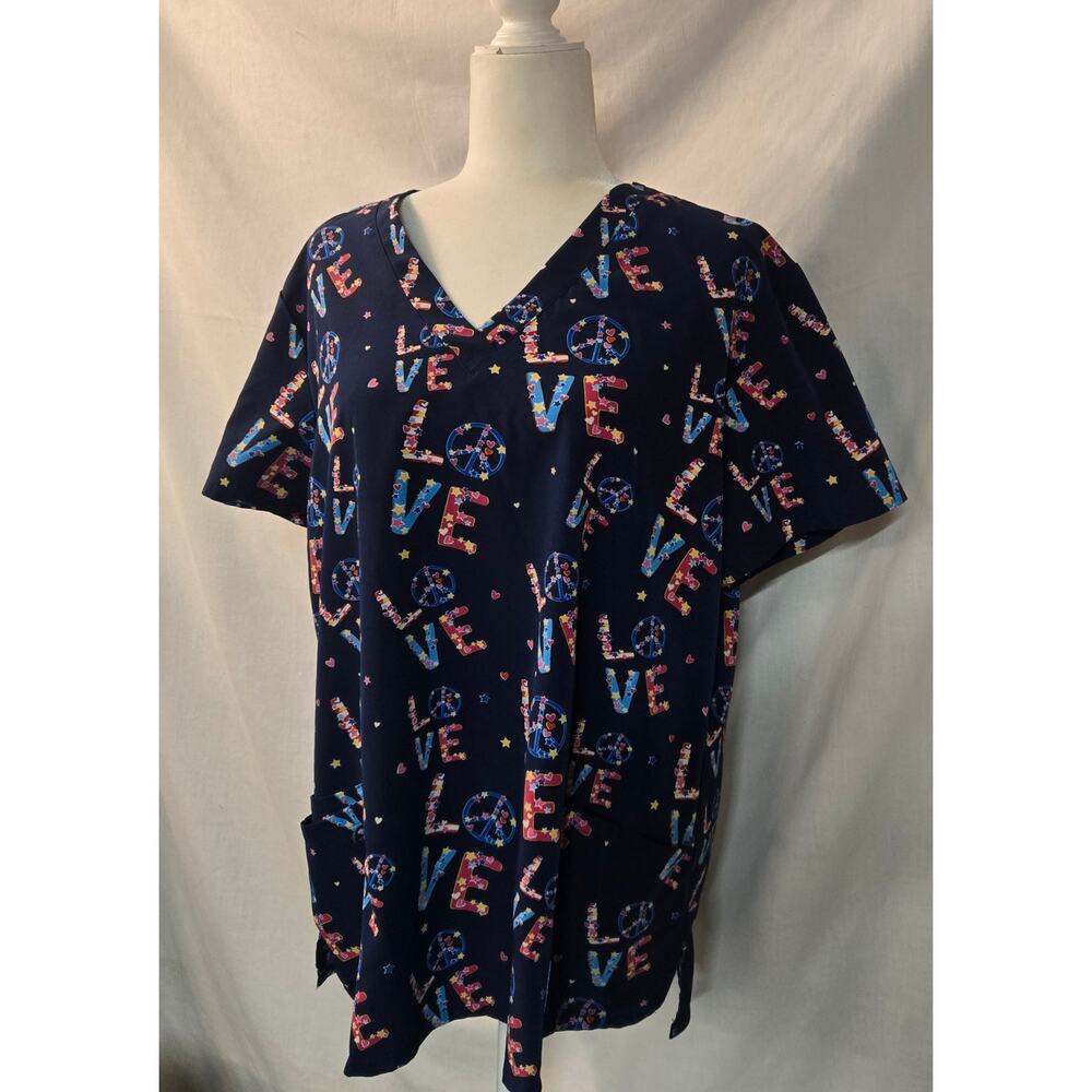 Womens Love Print Scrub Top Navy Blue V-Neck Peace Sign Nurse Uniform Size 2X - Picture 3 of 6